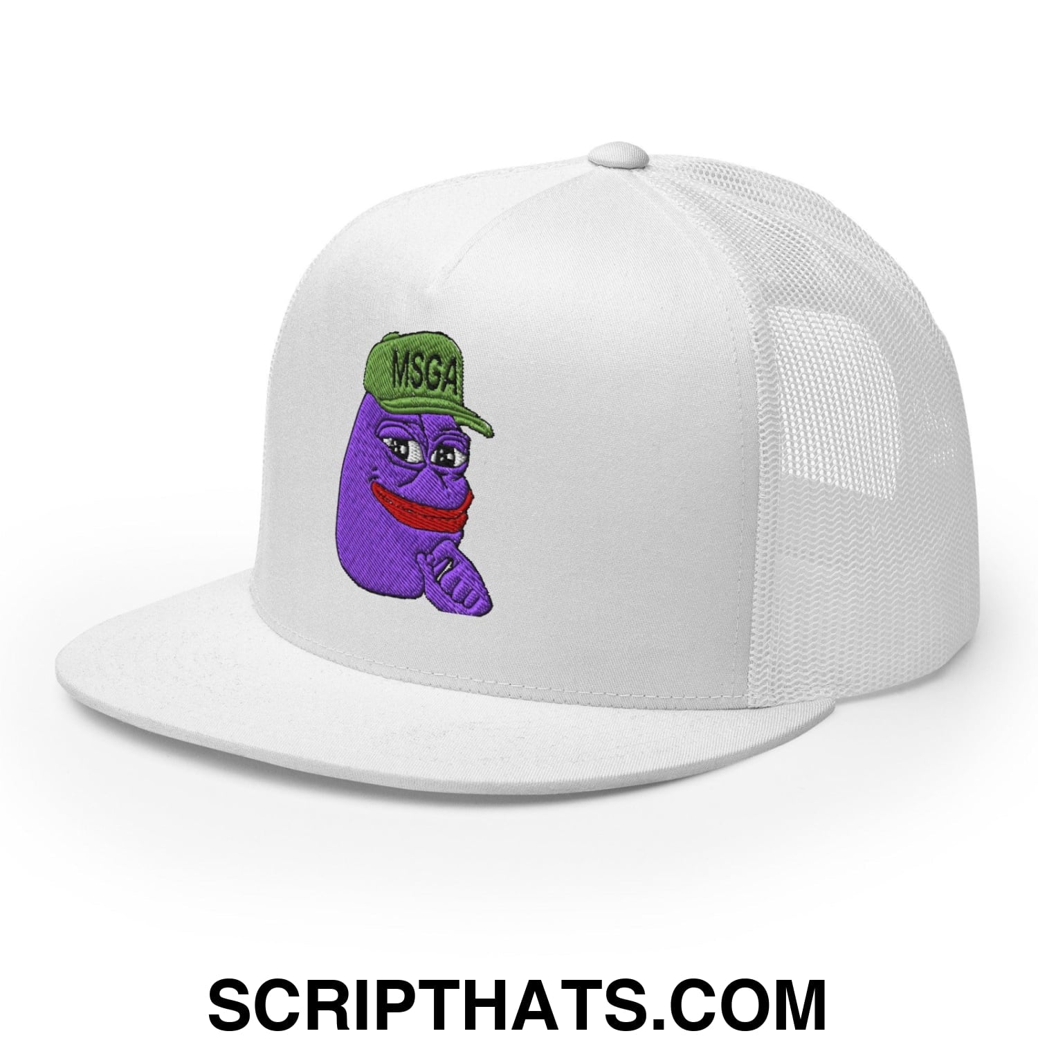 $PURPE Purple Pepe Embroidered Flat Bill Brim Mesh Trucker Hat White