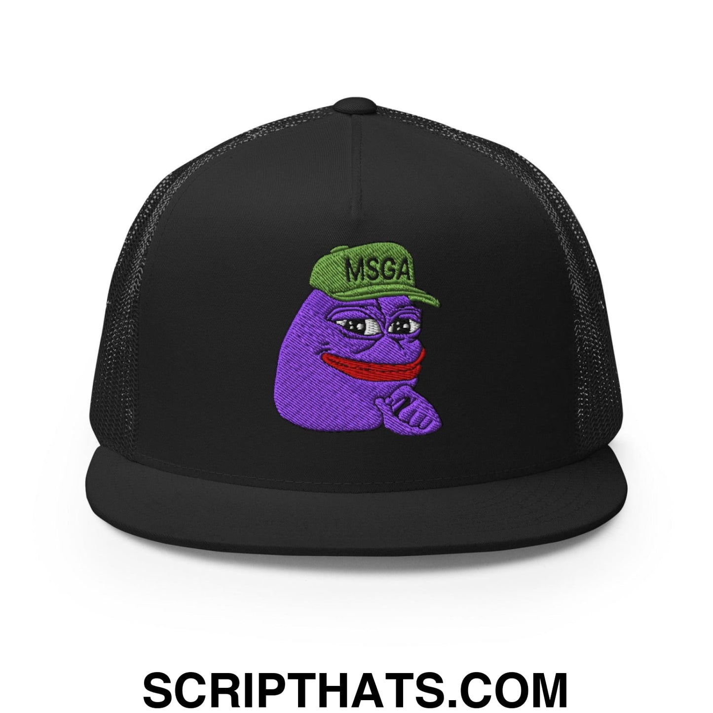 $PURPE Purple Pepe Embroidered Flat Bill Brim Mesh Trucker Hat Black