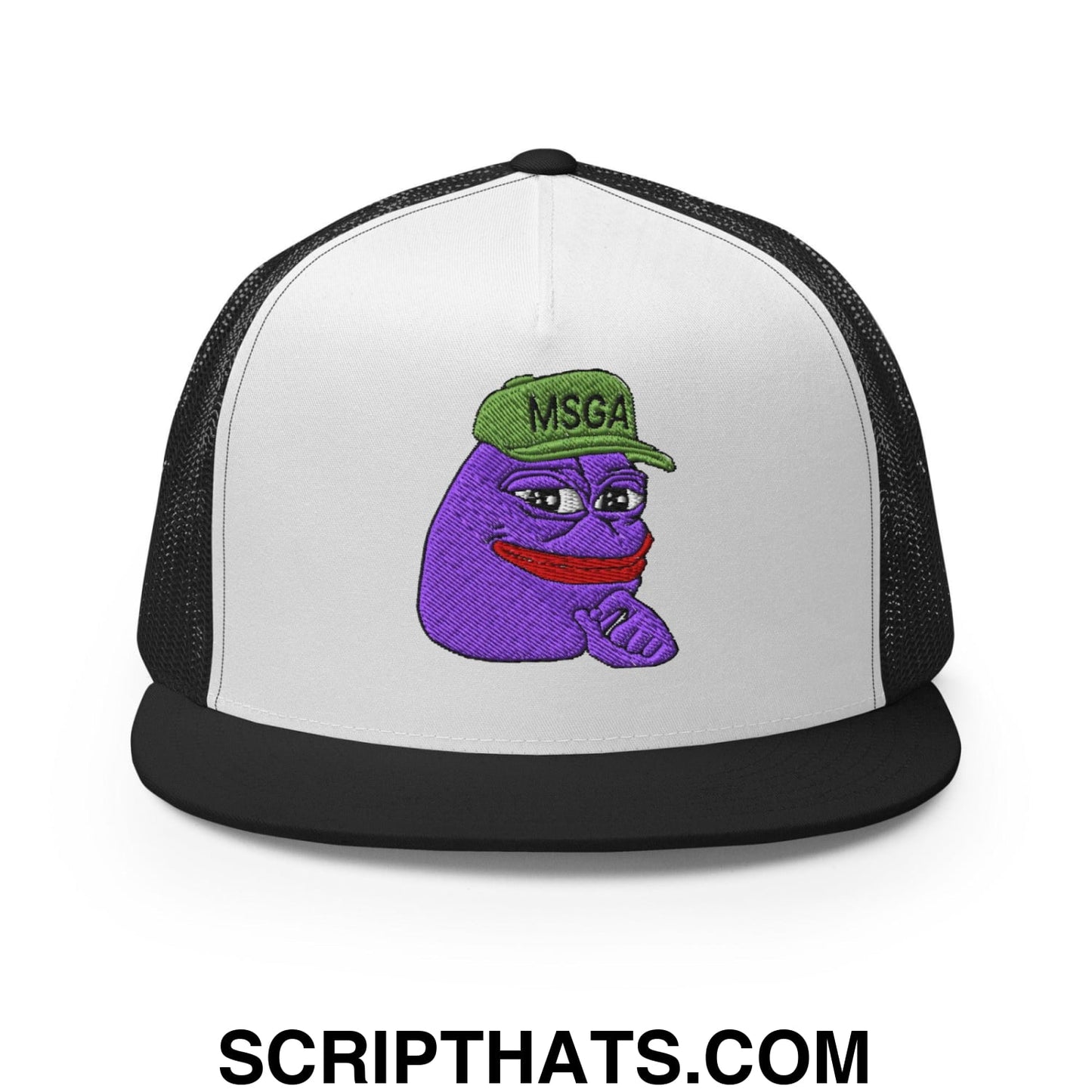 $PURPE Purple Pepe Embroidered Flat Bill Brim Mesh Trucker Hat Black White Black