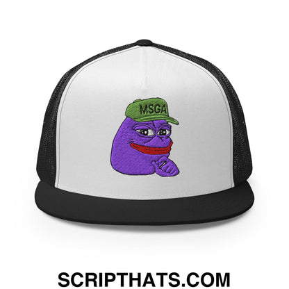 $PURPE Purple Pepe Embroidered Flat Bill Brim Mesh Trucker Hat Black White Black