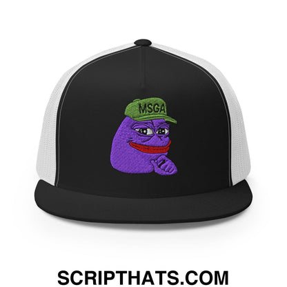 $PURPE Purple Pepe Embroidered Flat Bill Brim Mesh Trucker Hat Black White