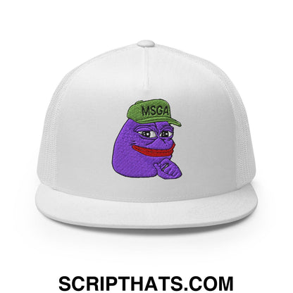 $PURPE Purple Pepe Embroidered Flat Bill Brim Mesh Trucker Hat White