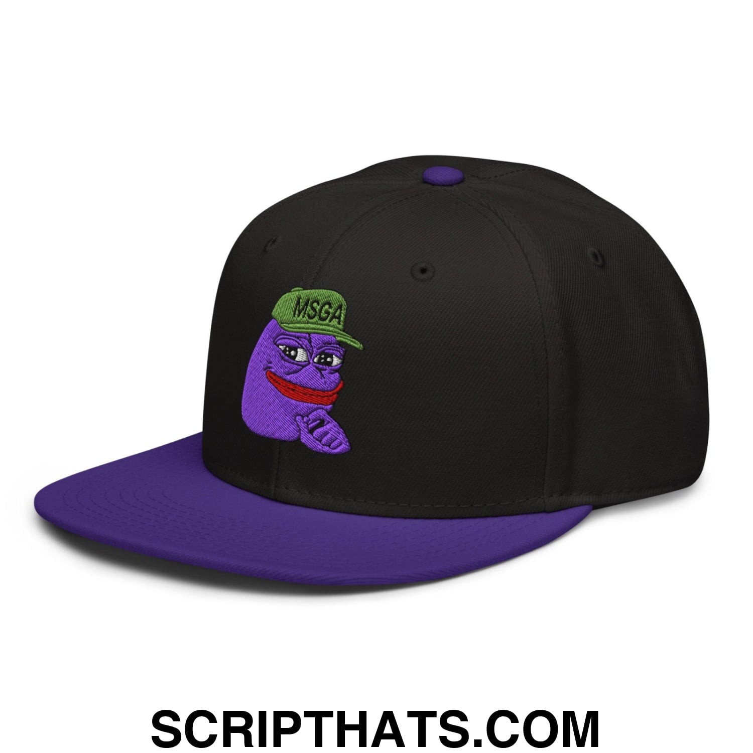 $PURPE Purple Pepe Embroidered Flat Bill Brim Snapback Hat Purple Black Black