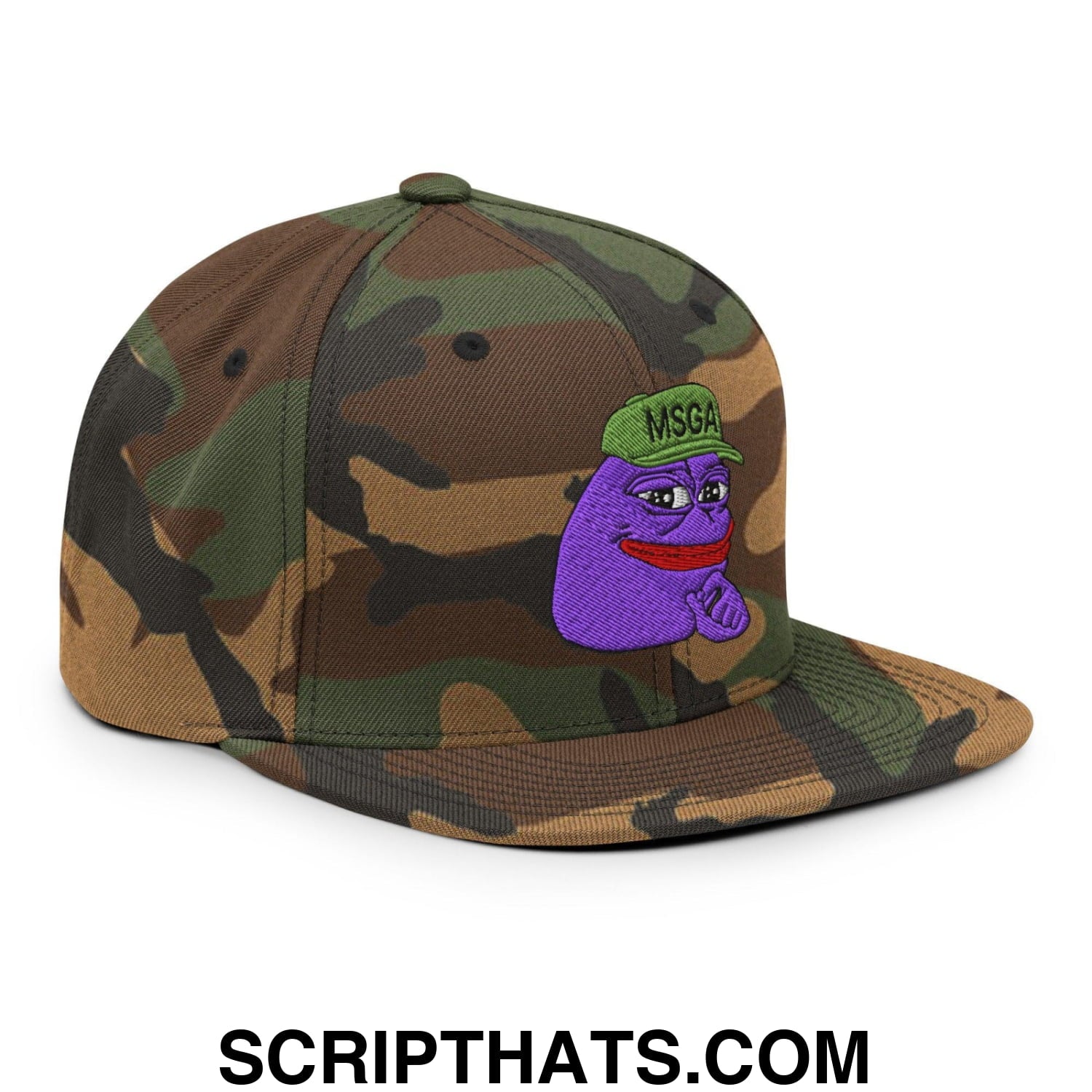 $PURPE Purple Pepe Embroidered Flat Brim Bill Snapback Hat Green Camo