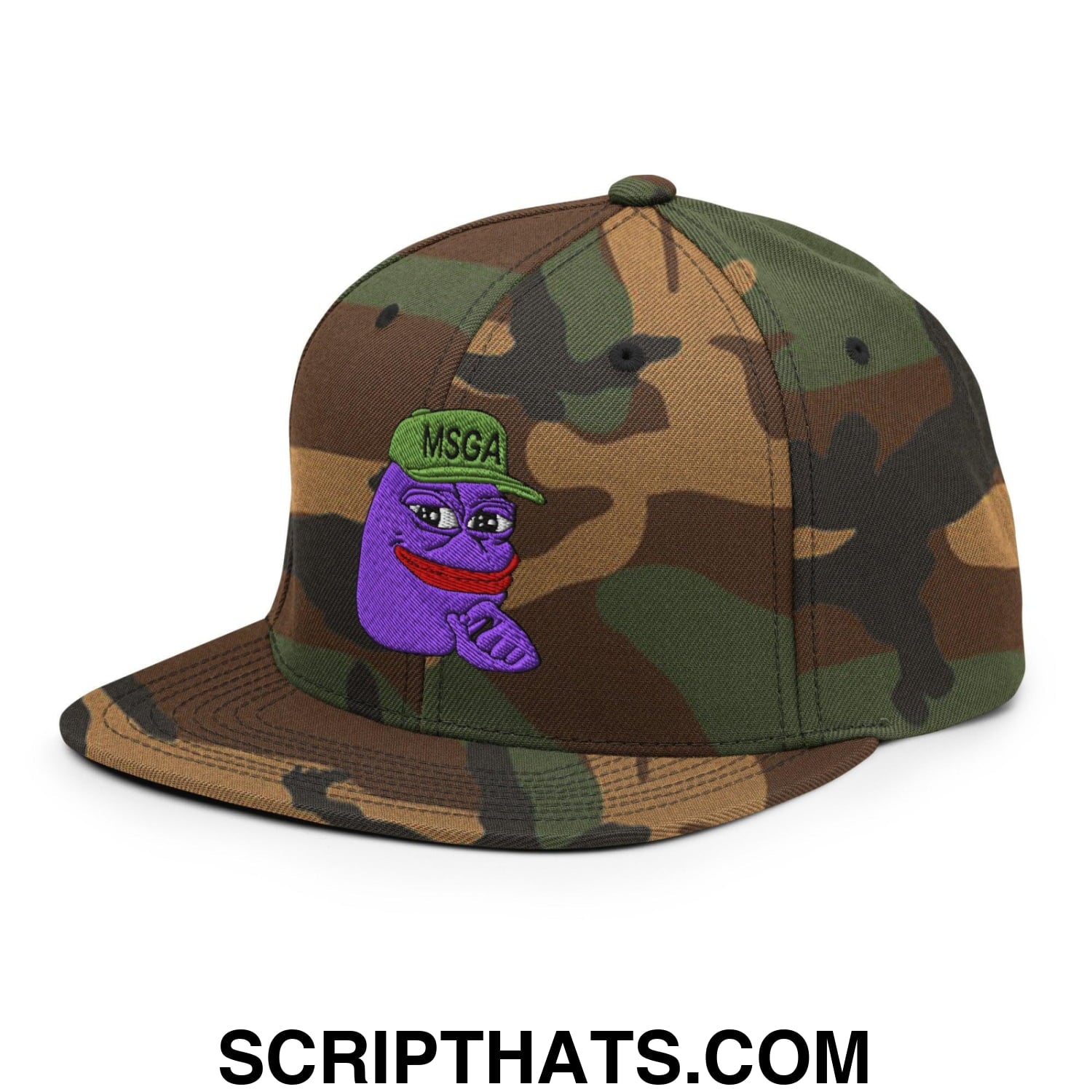 $PURPE Purple Pepe Embroidered Flat Brim Bill Snapback Hat Green Camo