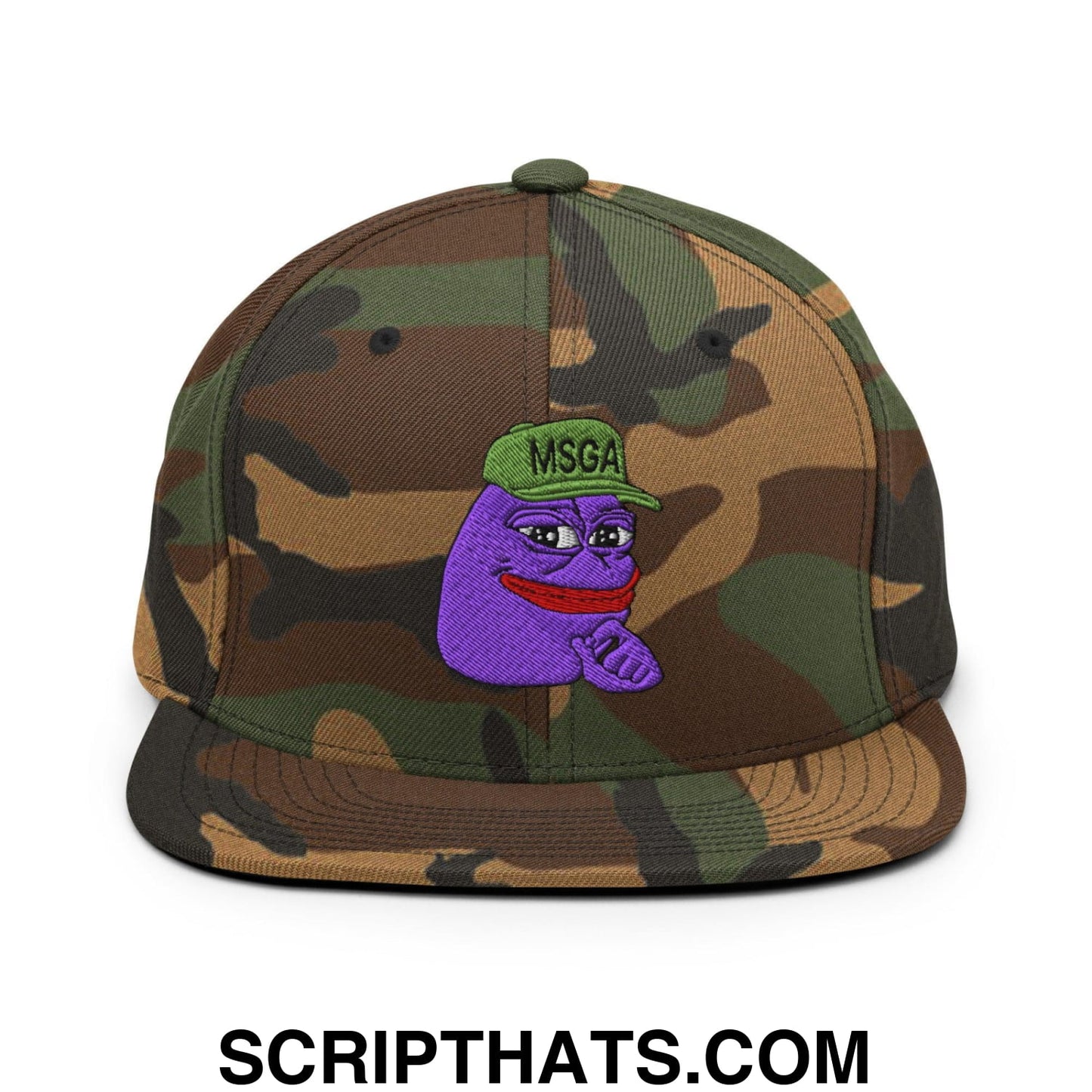 $PURPE Purple Pepe Embroidered Flat Brim Bill Snapback Hat Green Camo