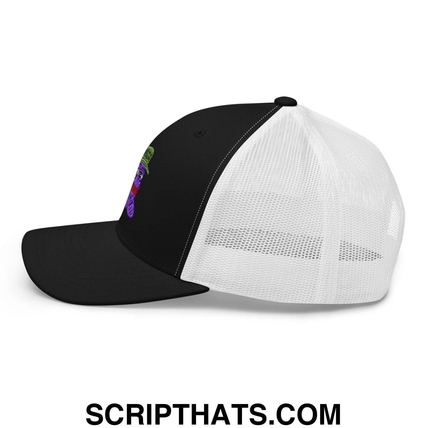 $PURPE Purple Pepe Embroidered Mesh Trucker Hat Black White