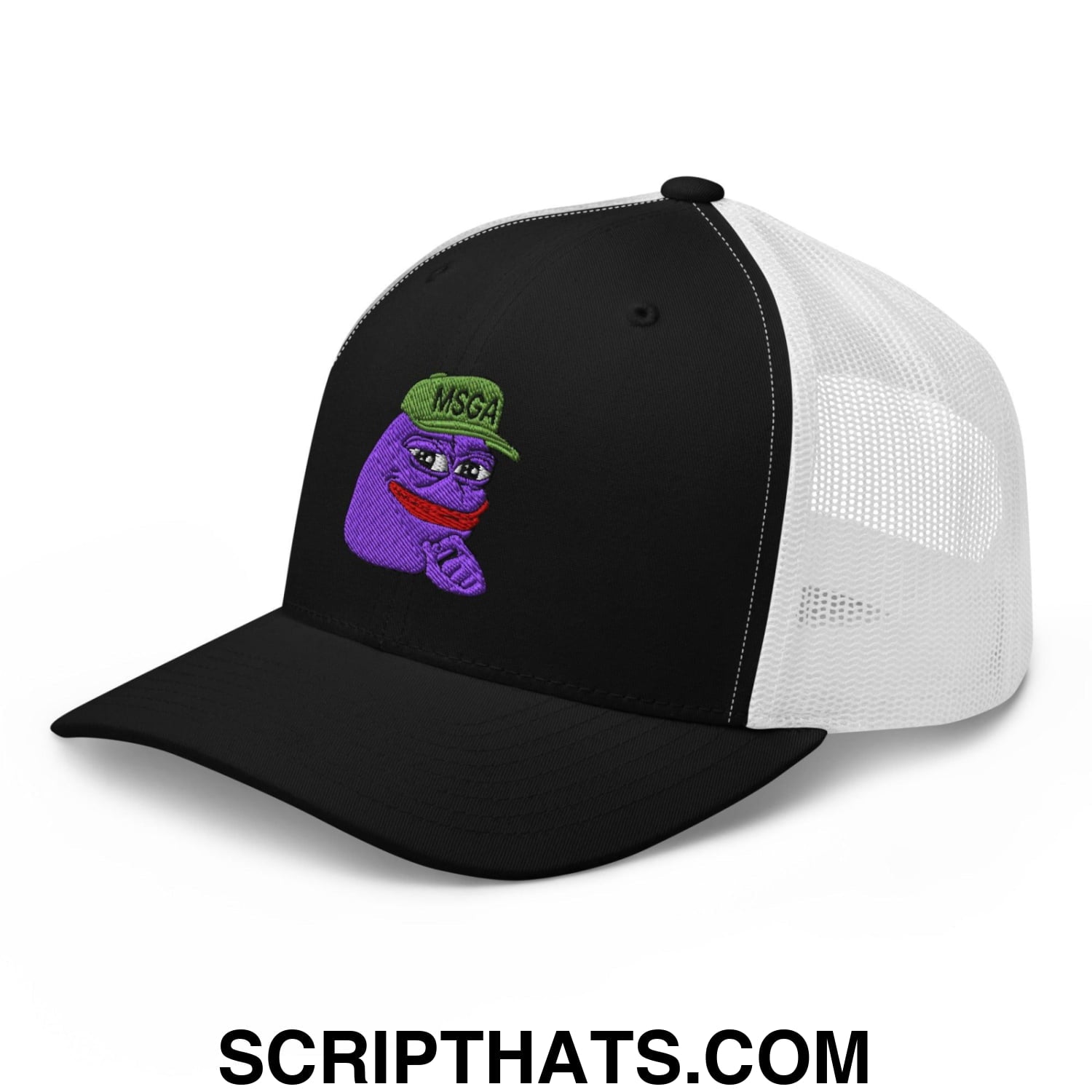 $PURPE Purple Pepe Embroidered Mesh Trucker Hat Black White