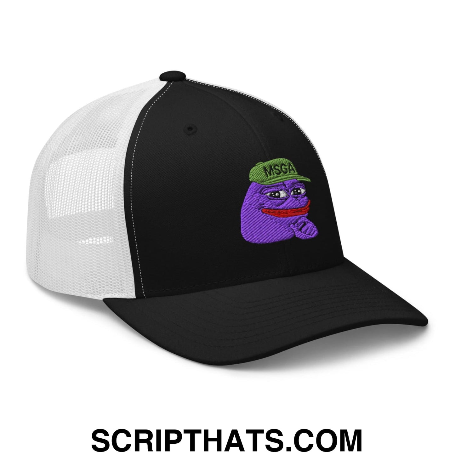 $PURPE Purple Pepe Embroidered Mesh Trucker Hat Black White