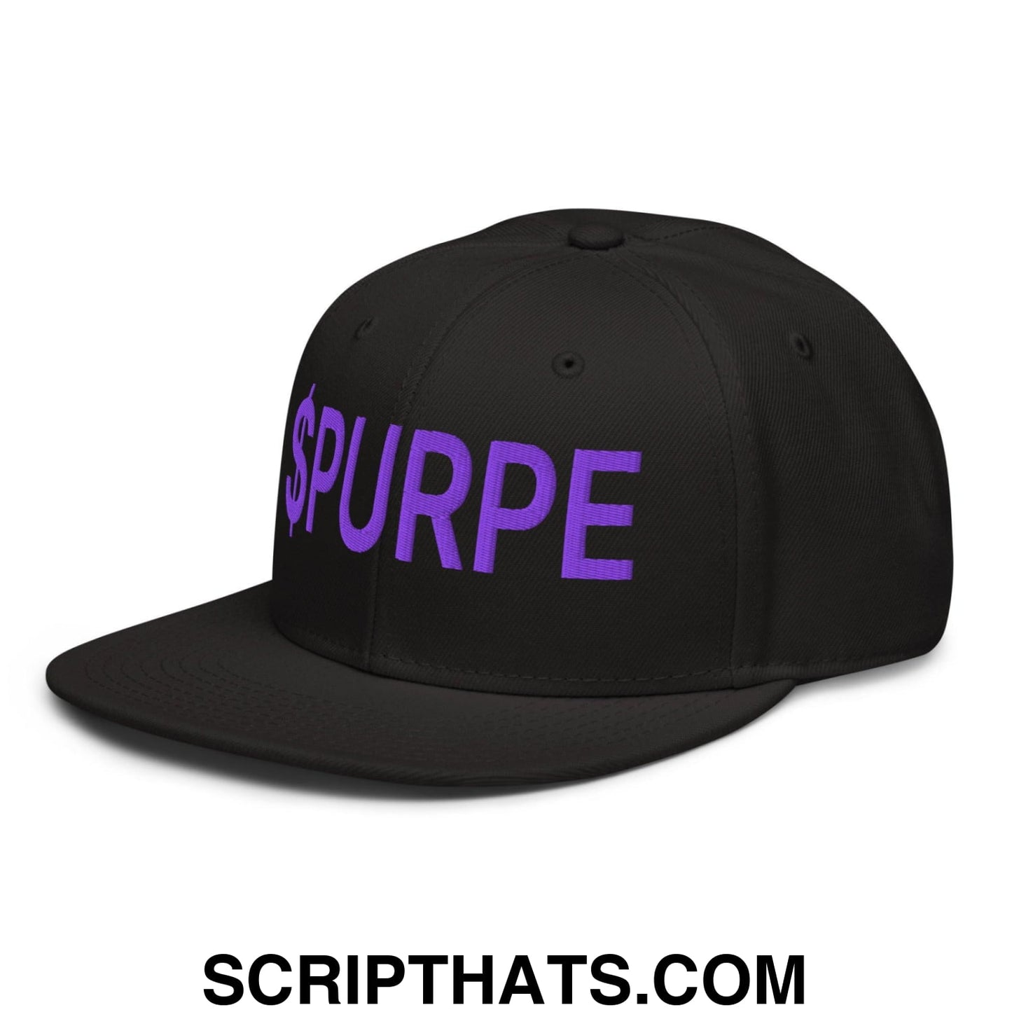 Purple Pepe $PURPE Embroidered Flat Bill Brim Snapback Hat Black