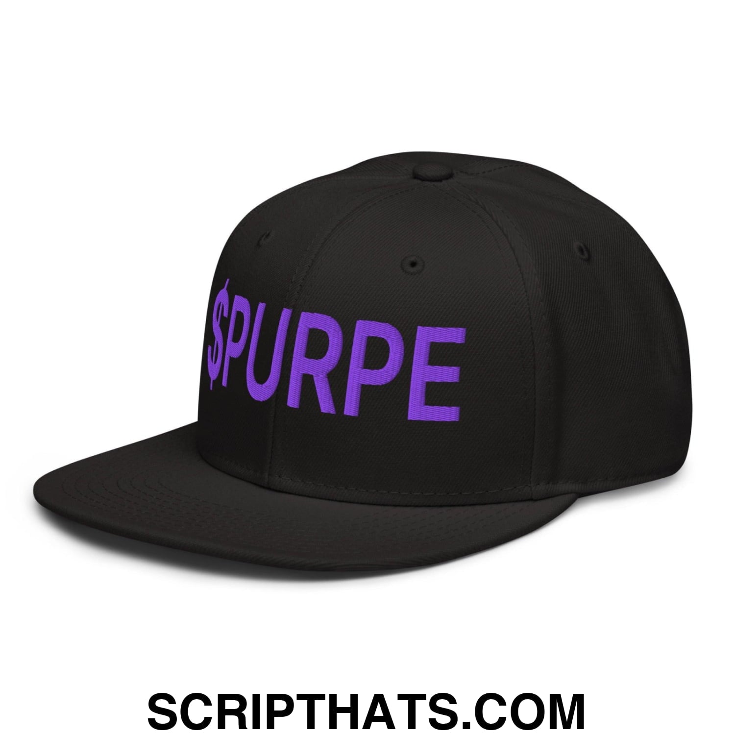 Purple Pepe $PURPE Embroidered Flat Bill Brim Snapback Hat Black
