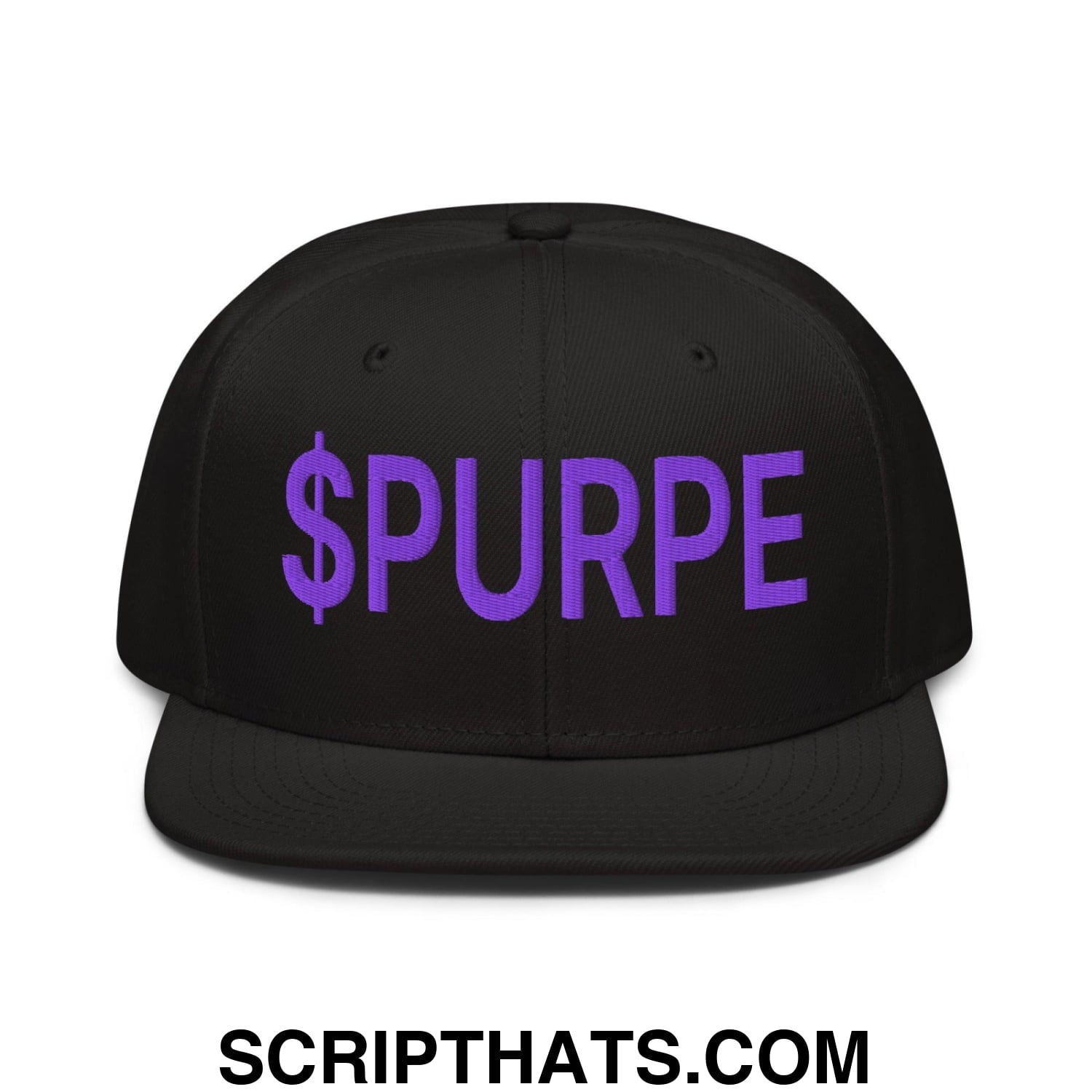 Purple Pepe $PURPE Embroidered Flat Bill Brim Snapback Hat Black