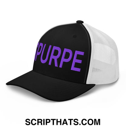 Purple Pepe $PURPE Embroidered Mesh Trucker Hat Black White