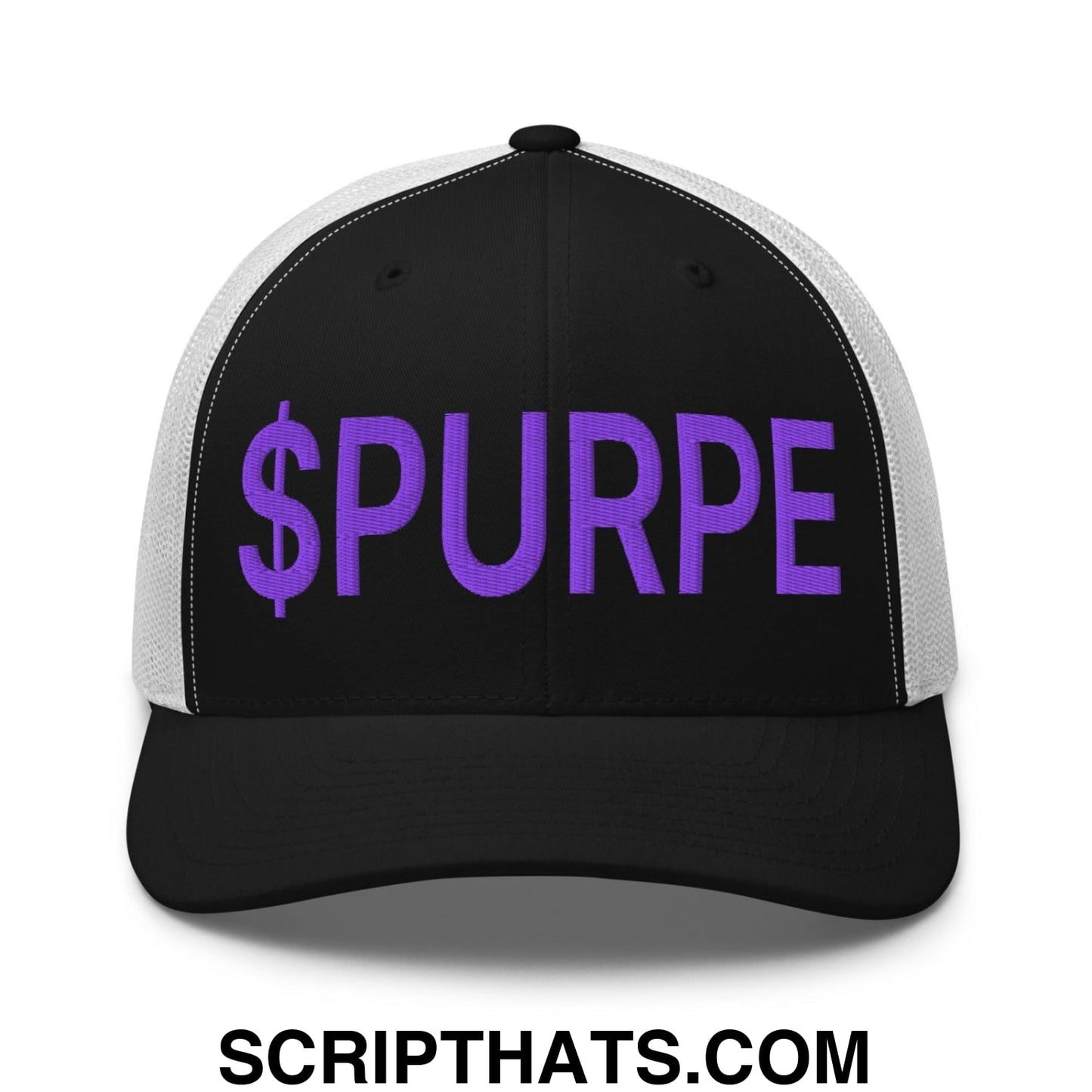 Purple Pepe $PURPE Embroidered Mesh Trucker Hat Black White
