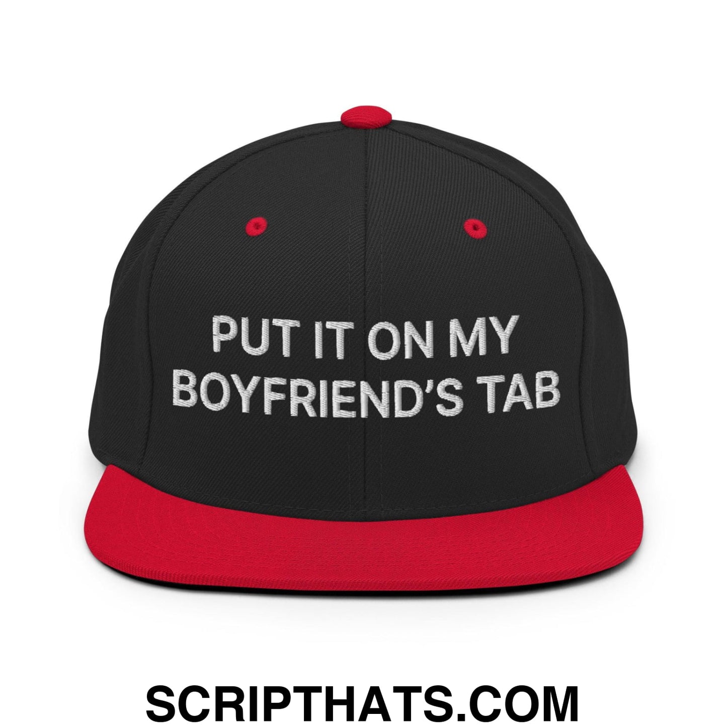 Put It on My Boyfriend's Tab Embroidered Flat Bill Brim Snapback Hat Black Red