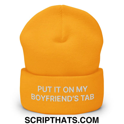 Put It on My Boyfriend's Tab Embroidered Knit Cuffed Beanie Gold
