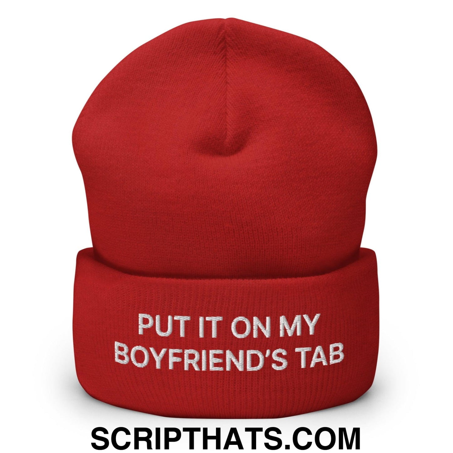 Put It on My Boyfriend's Tab Embroidered Knit Cuffed Beanie Red