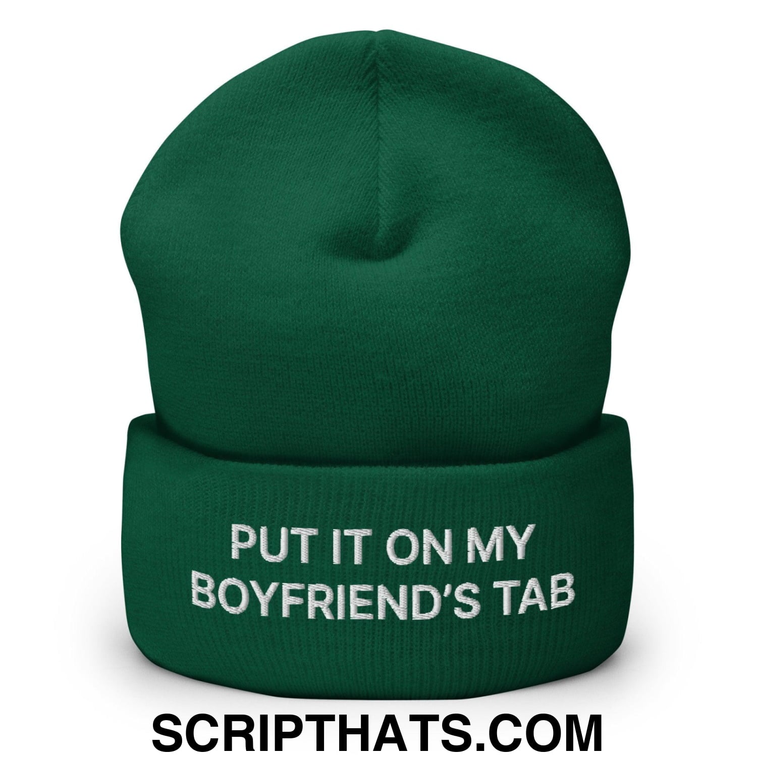 Put It on My Boyfriend's Tab Embroidered Knit Cuffed Beanie Spruce