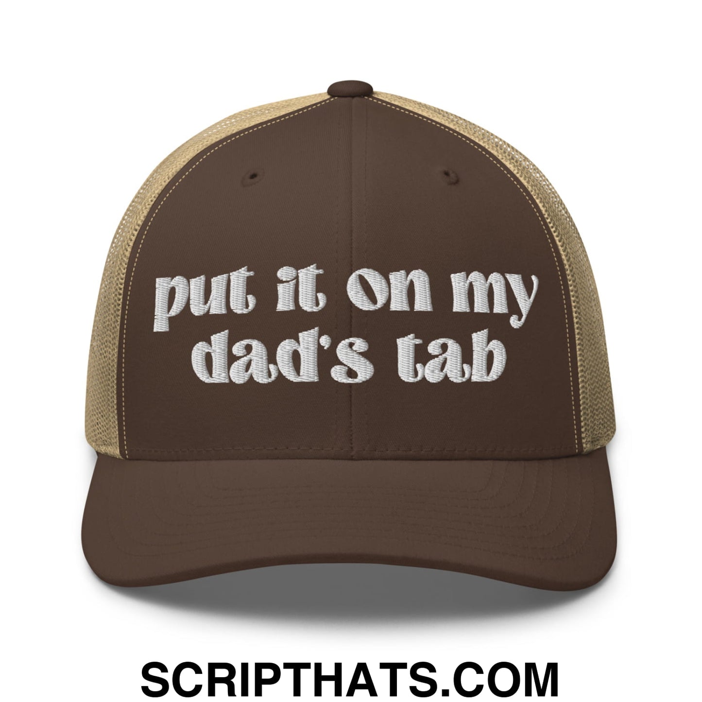 Put it on My Dad's Tab Embroidered Classic Mesh Trucker Hat Brown Khaki