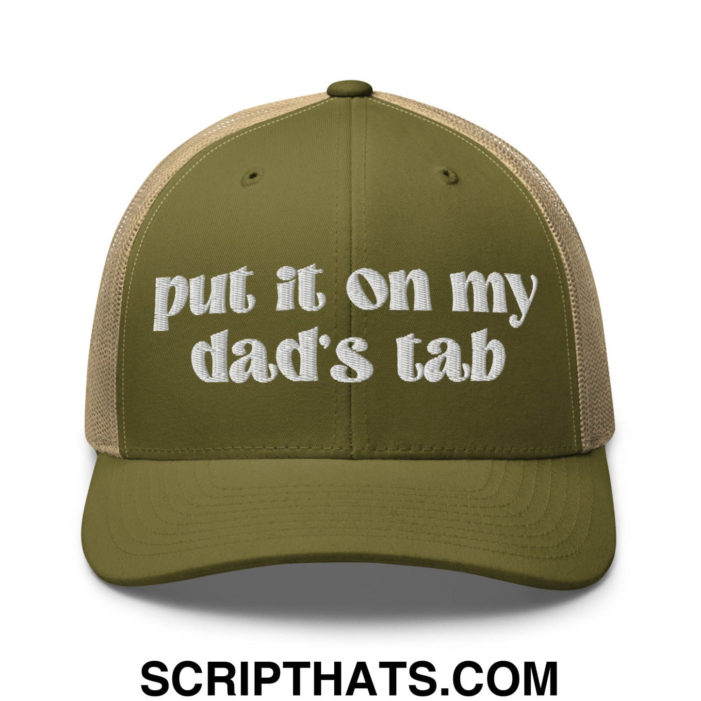 Put it on My Dad's Tab Embroidered Classic Mesh Trucker Hat Moss Khaki