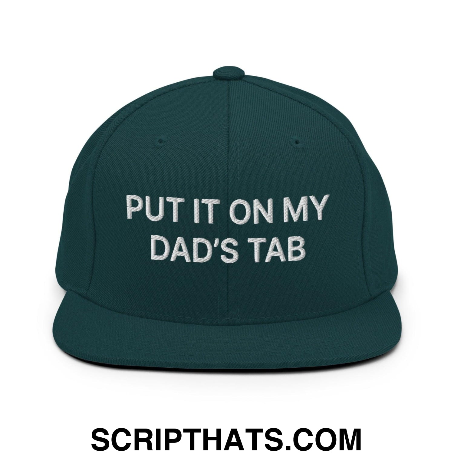 Put It on My Dad's Tab Embroidered Flat Bill Brim Snapback Hat Spruce