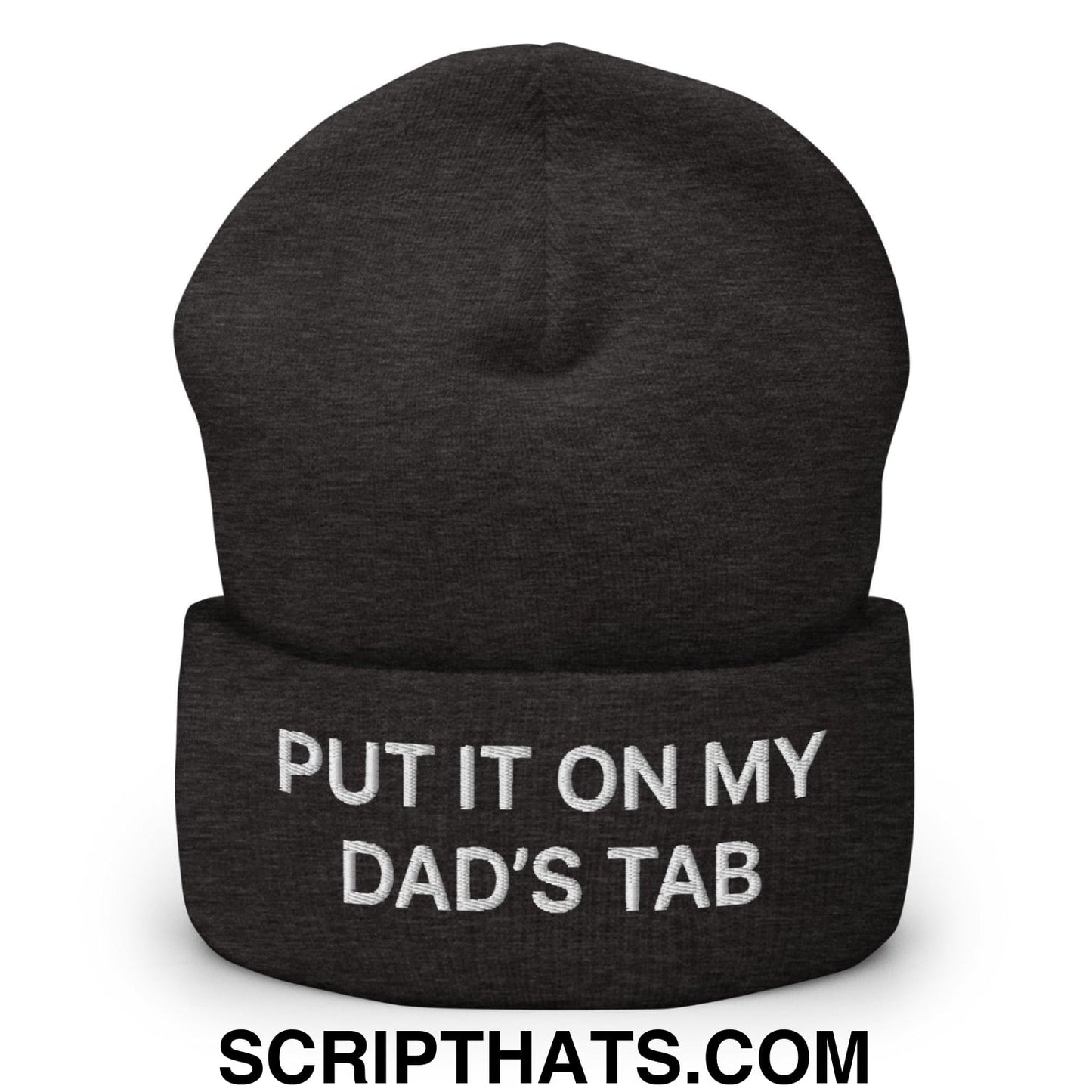 Put It on My Dad's Tab Embroidered Knit Cuffed Beanie Dark Grey