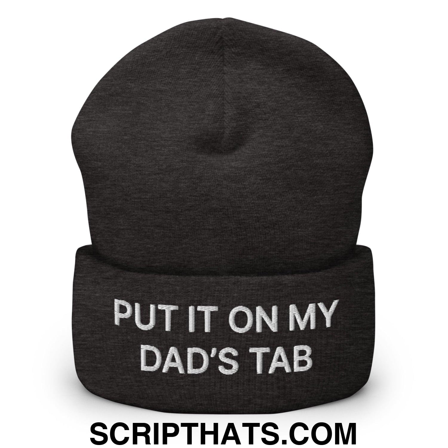 Put It on My Dad's Tab Embroidered Knit Cuffed Beanie Dark Grey