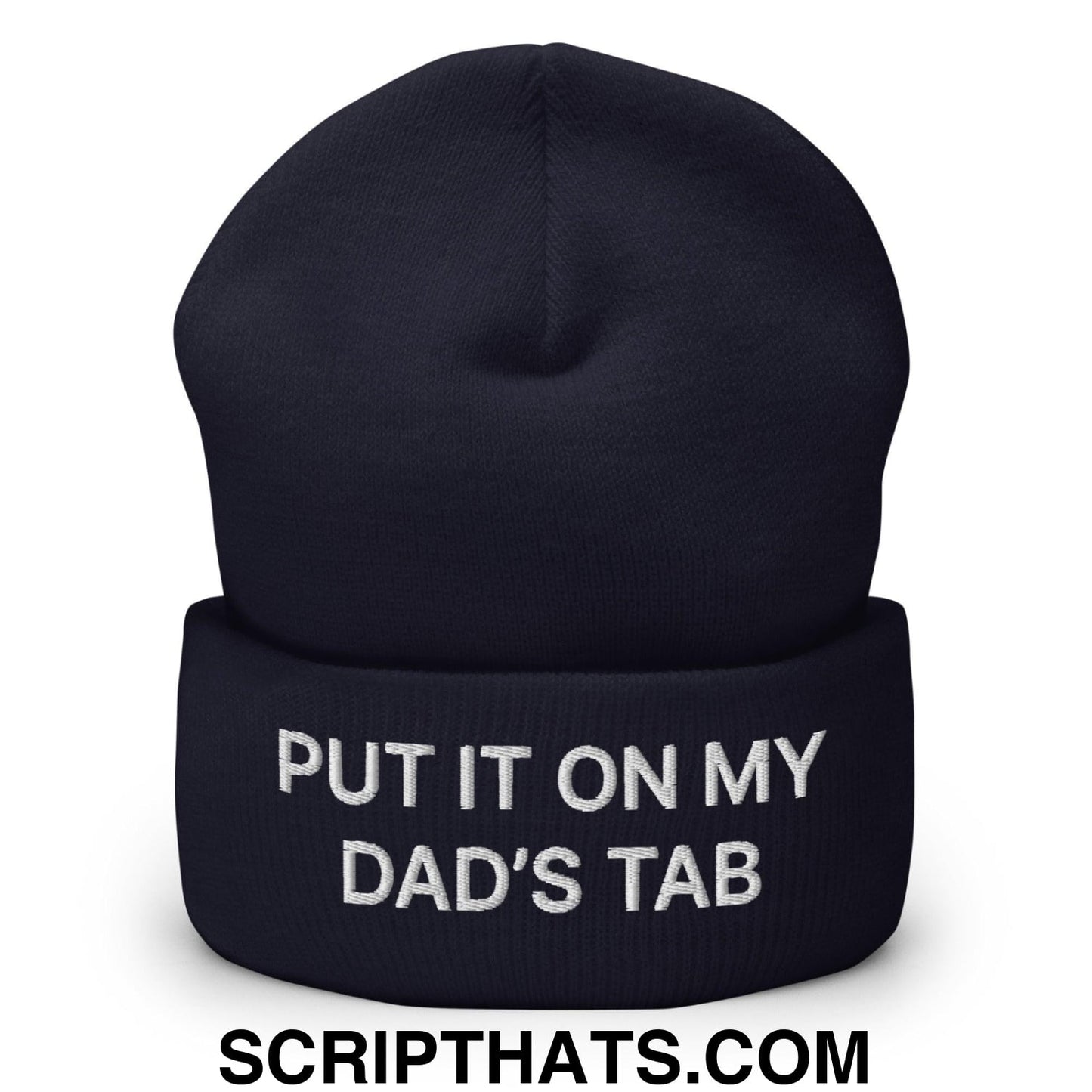 Put It on My Dad's Tab Embroidered Knit Cuffed Beanie Navy