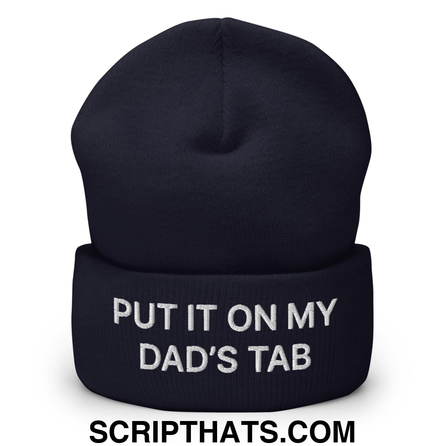 Put It on My Dad's Tab Embroidered Knit Cuffed Beanie Navy
