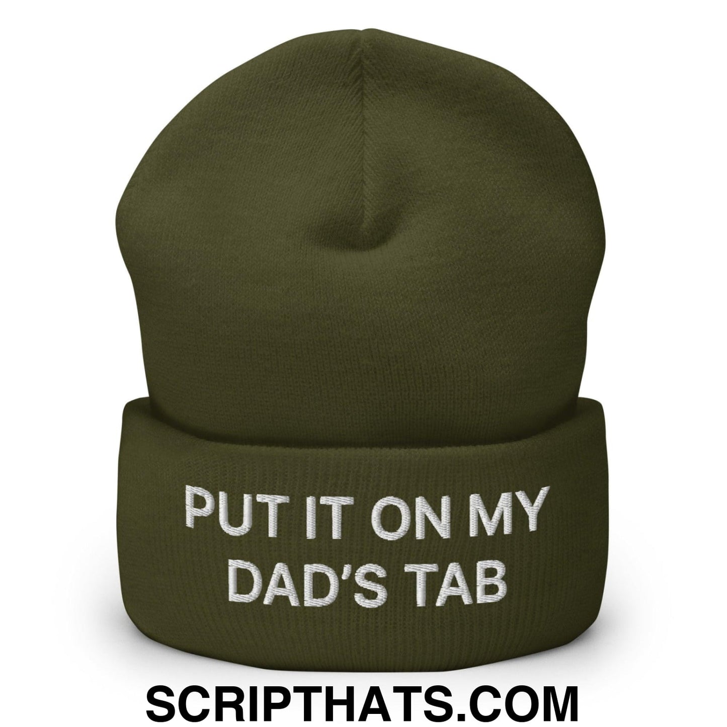 Put It on My Dad's Tab Embroidered Knit Cuffed Beanie Olive