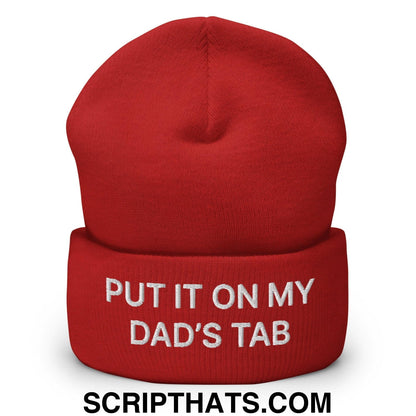 Put It on My Dad's Tab Embroidered Knit Cuffed Beanie Red