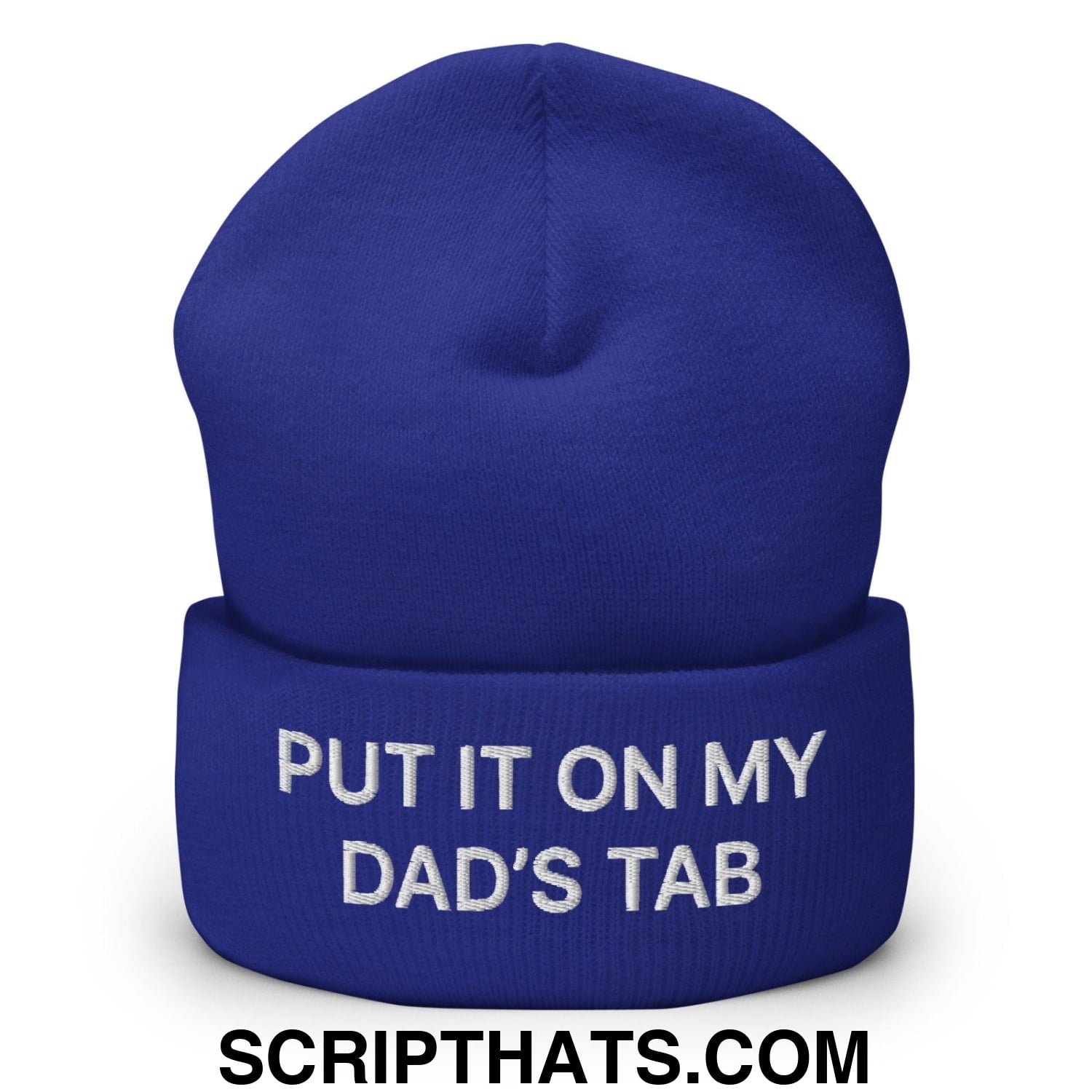 Put It on My Dad's Tab Embroidered Knit Cuffed Beanie Royal