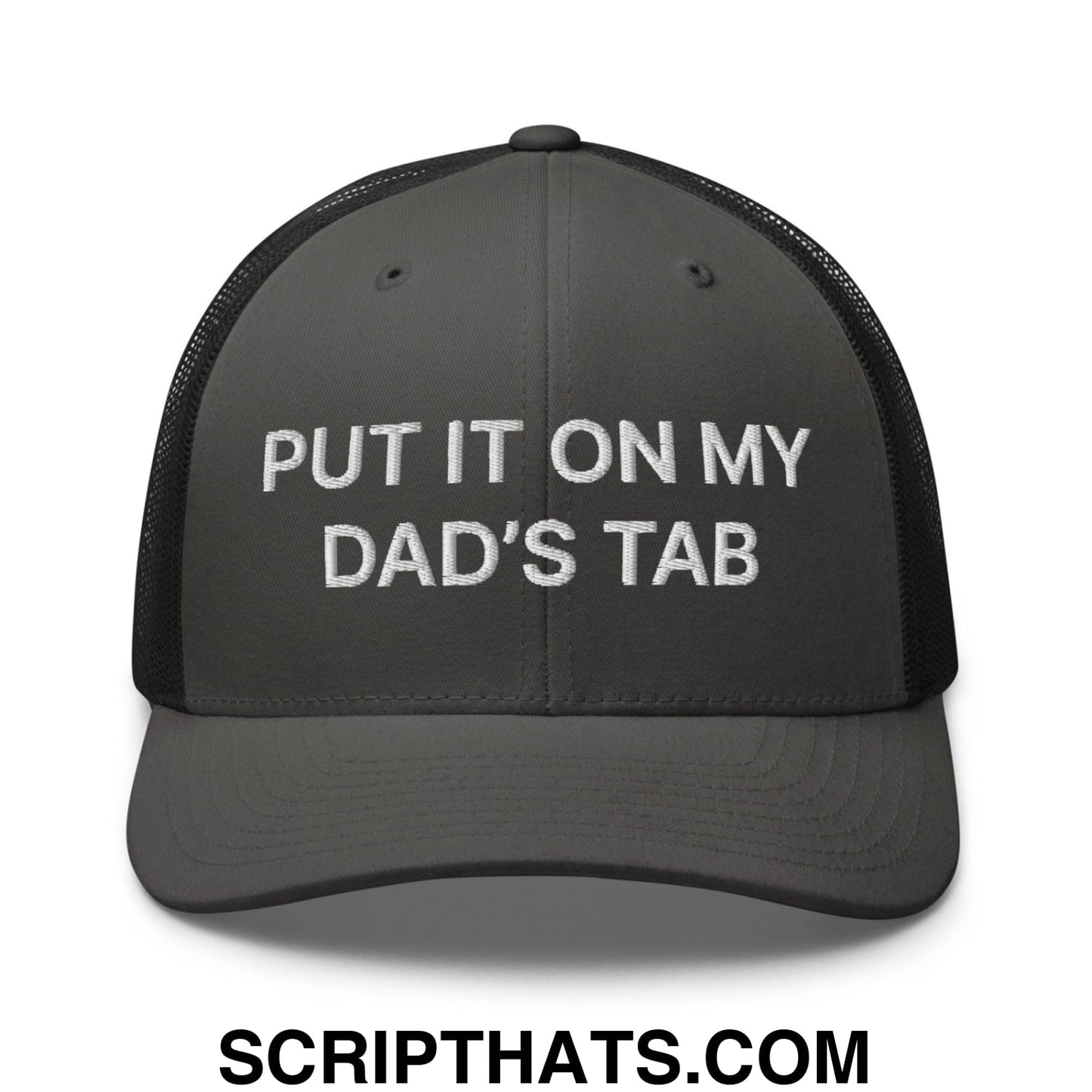 Put It on My Dad's Tab Embroidered Mesh Trucker Hat Charcoal Black