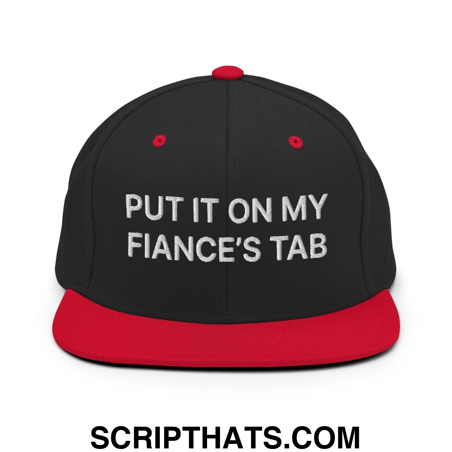 Put It on My Fiance's Tab Embroidered Flat Bill Brim Snapback Hat Black Red