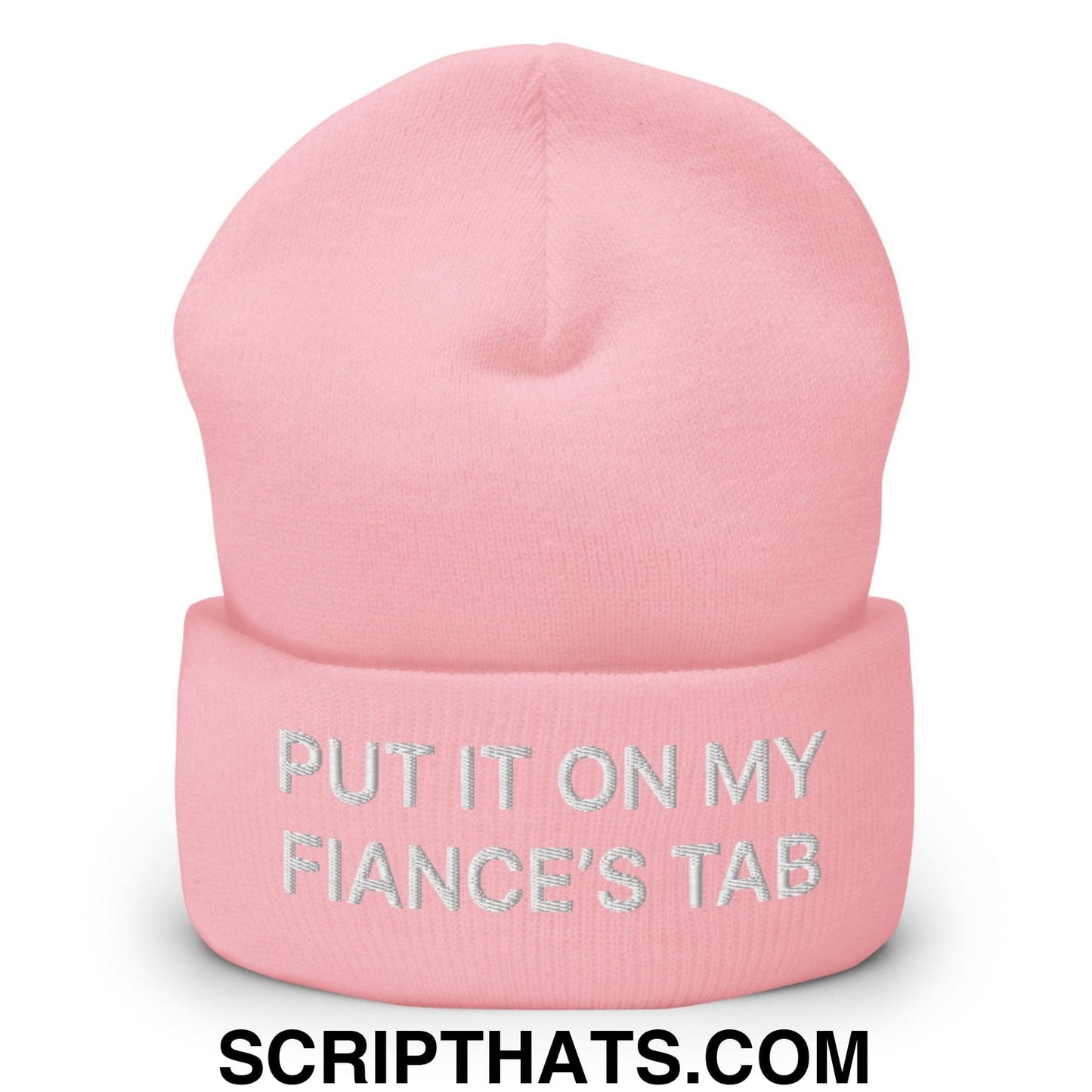 Put It on My Fiance's Tab Embroidered Knit Cuffed Beanie Baby Pink