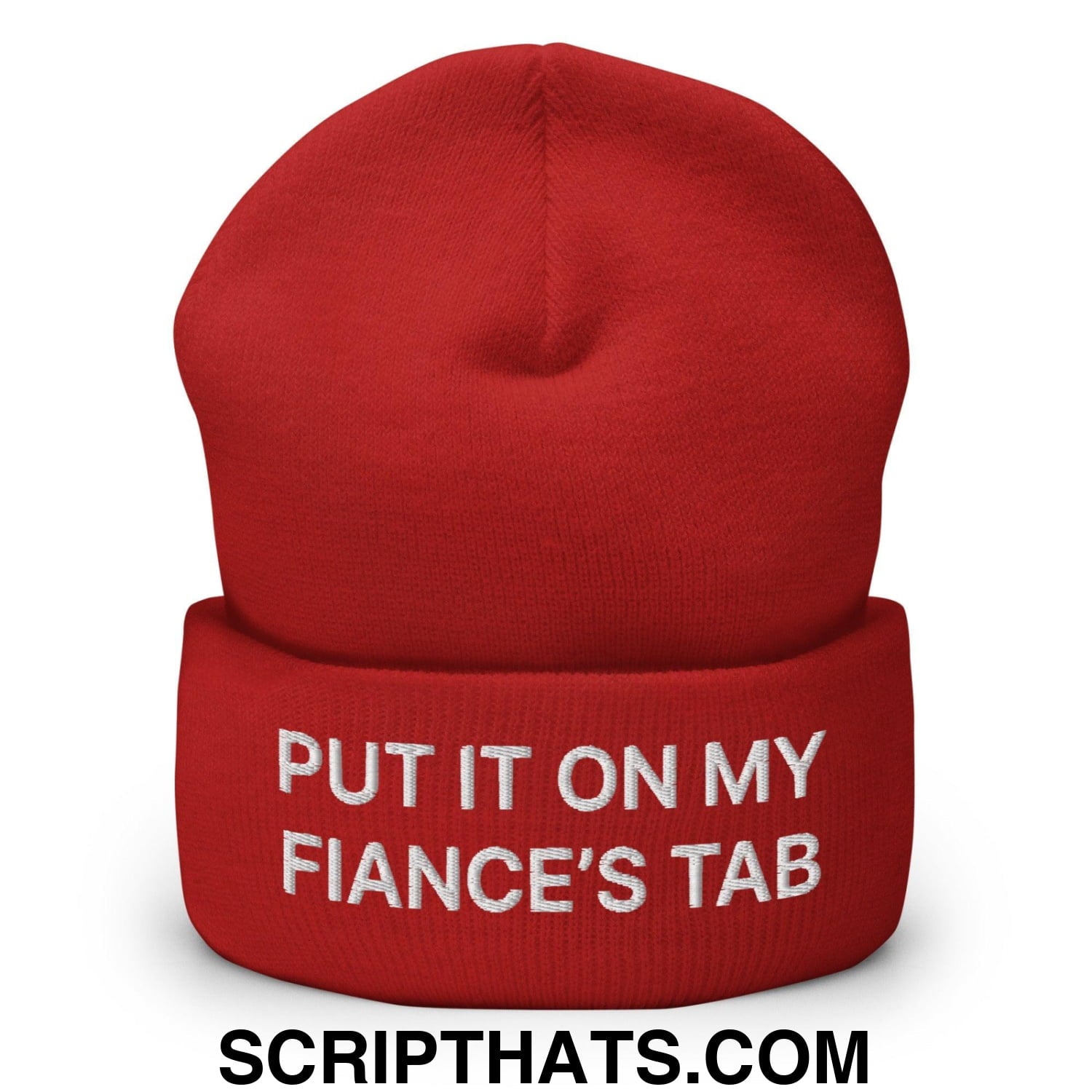 Put It on My Fiance's Tab Embroidered Knit Cuffed Beanie Red