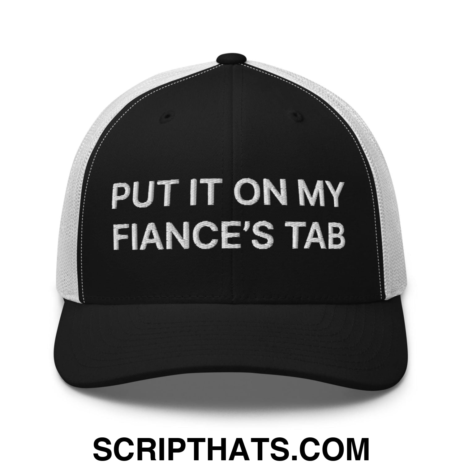 Put It on My Fiance's Tab Embroidered Mesh Trucker Hat Black White