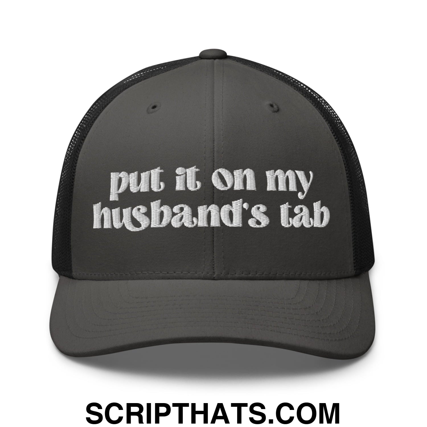 Put it on My Husband's Tab Embroidered Classic Mesh Trucker Hat Charcoal Black