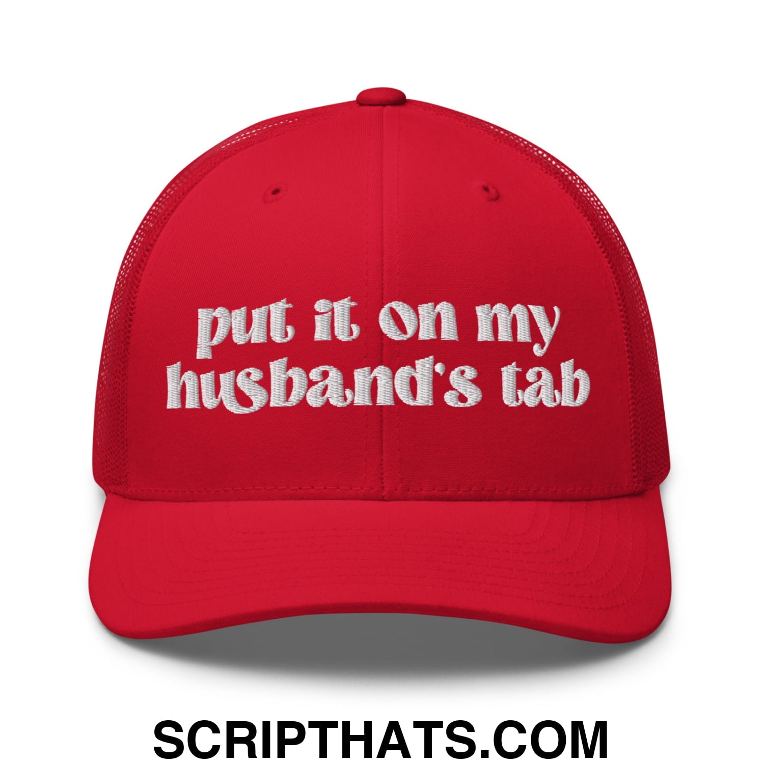 Put it on My Husband's Tab Embroidered Classic Mesh Trucker Hat Red