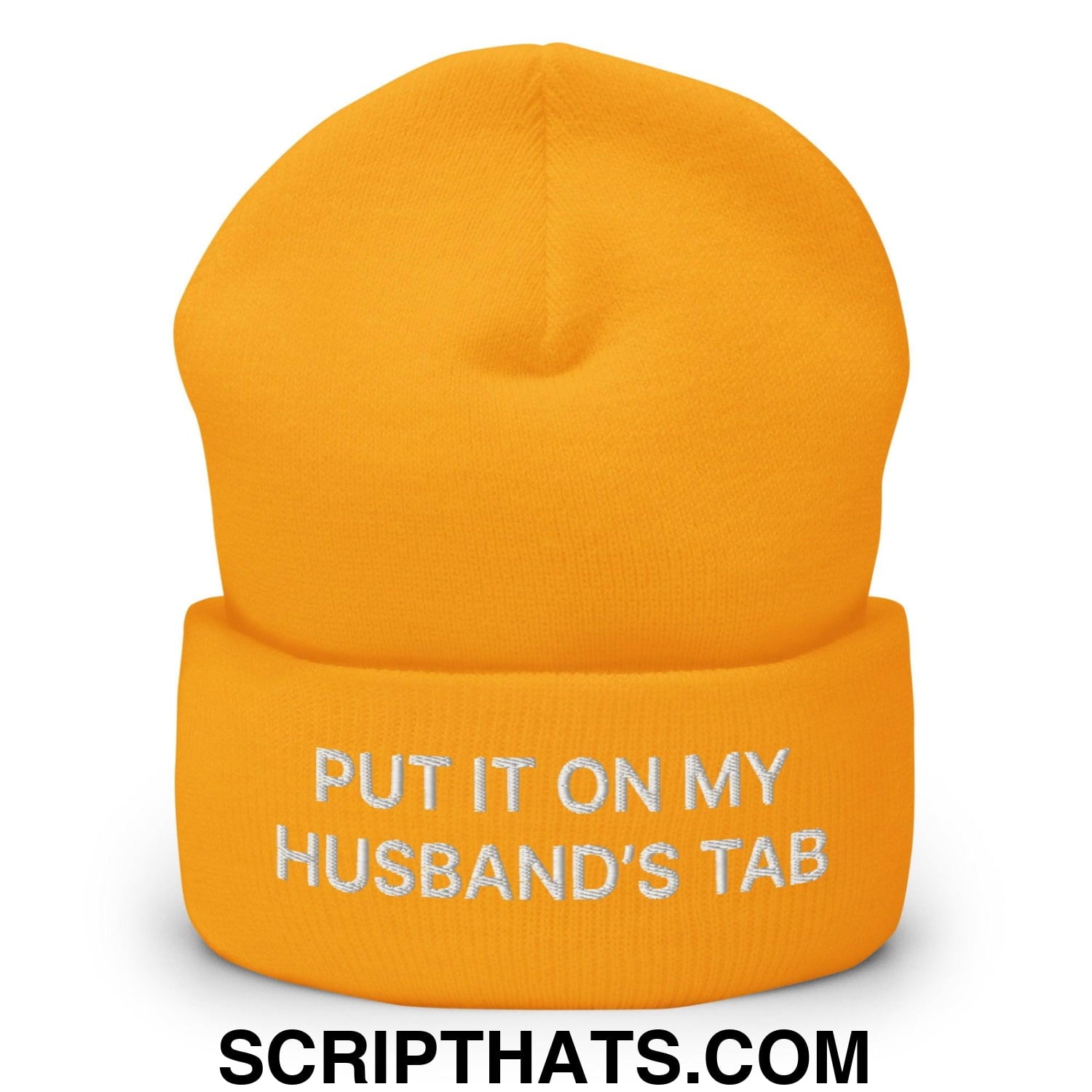 Put It on My Husband's Tab Embroidered Knit Cuffed Beanie Gold