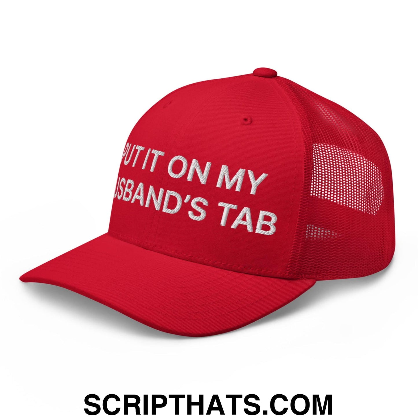 Put It on My Husband's Tab Embroidered Mesh Trucker Hat Red