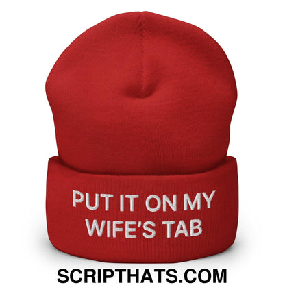 Put It on My Wife's Tab Embroidered Knit Cuffed Beanie Red