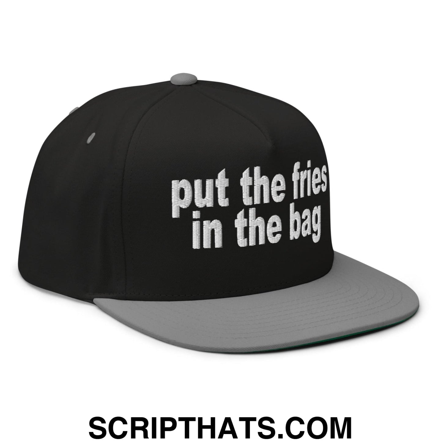 Put the Fries in the Bag Embroidered 5 Panel Flat Bill Brim Snapback Hat Black Grey