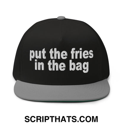 Put the Fries in the Bag Embroidered 5 Panel Flat Bill Brim Snapback Hat Black Grey