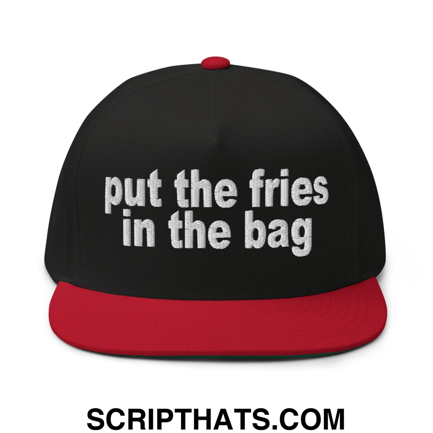 Put the Fries in the Bag Embroidered 5 Panel Flat Bill Brim Snapback Hat Black Red