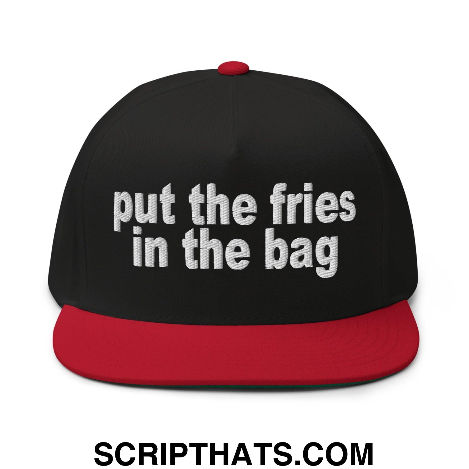 Put the Fries in the Bag Embroidered 5 Panel Flat Bill Brim Snapback Hat Black Red