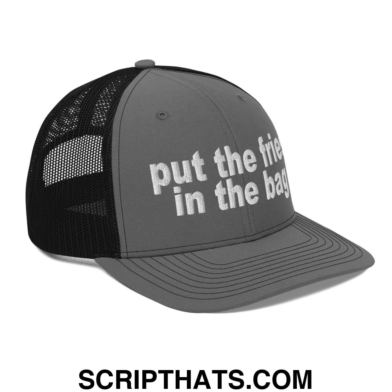 Put the Fries in the Bag Embroidered Classic Mesh Trucker Hat Charcoal Black