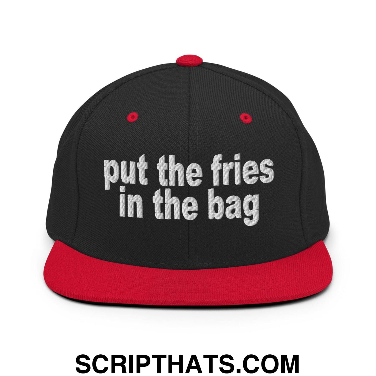 Put the Fries in the Bag Embroidered Flat Bill Brim Snapback Hat Black Red