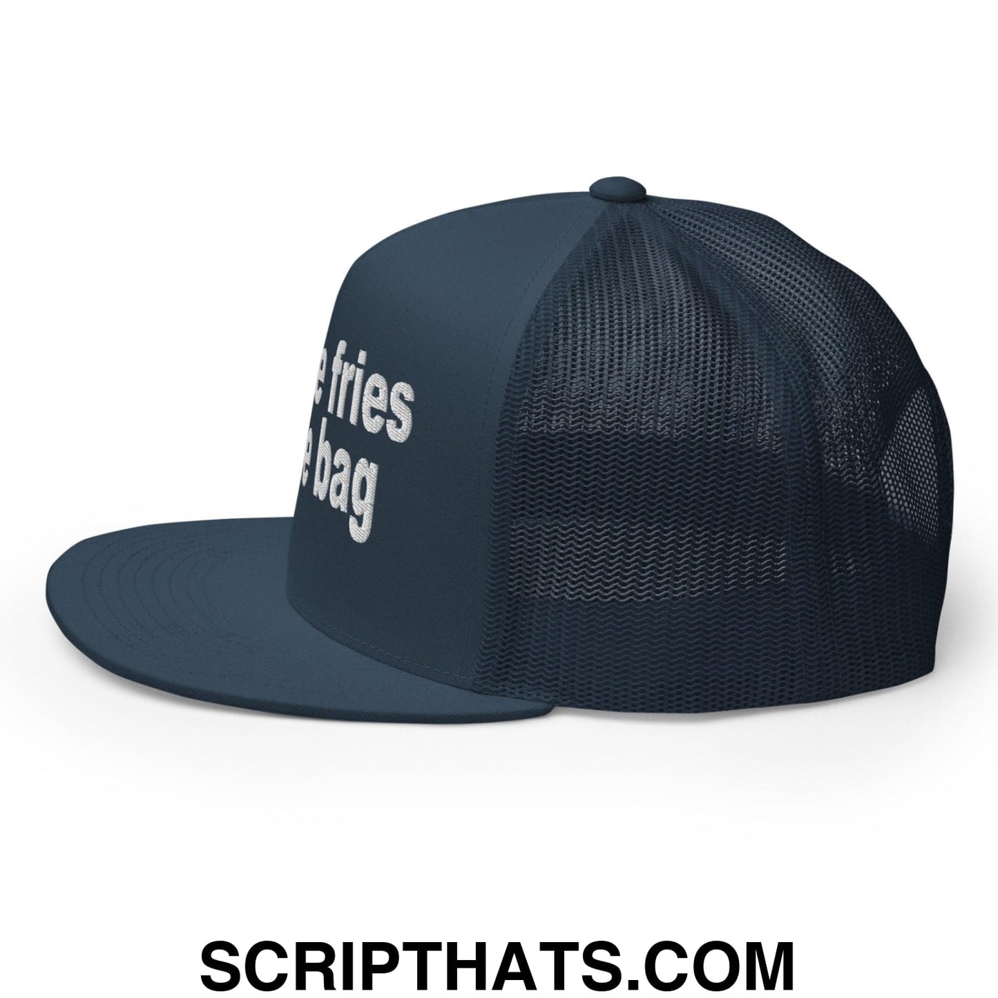 Put the Fries in the Bag Embroidered Mesh Flat Bill Brim Trucker Hat Navy
