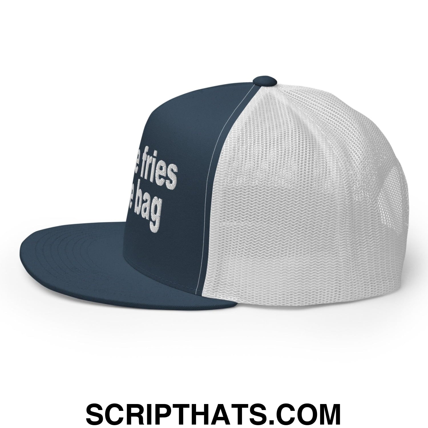 Put the Fries in the Bag Embroidered Mesh Flat Bill Brim Trucker Hat Navy White
